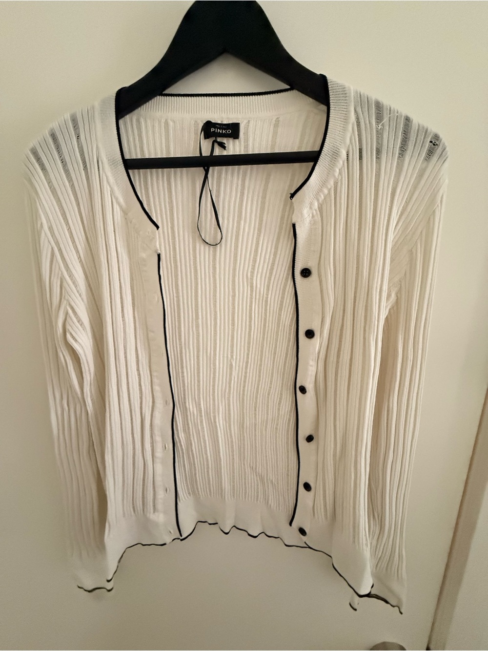 PINKO White Ribbed Button-Front Cardigan with Black Trim